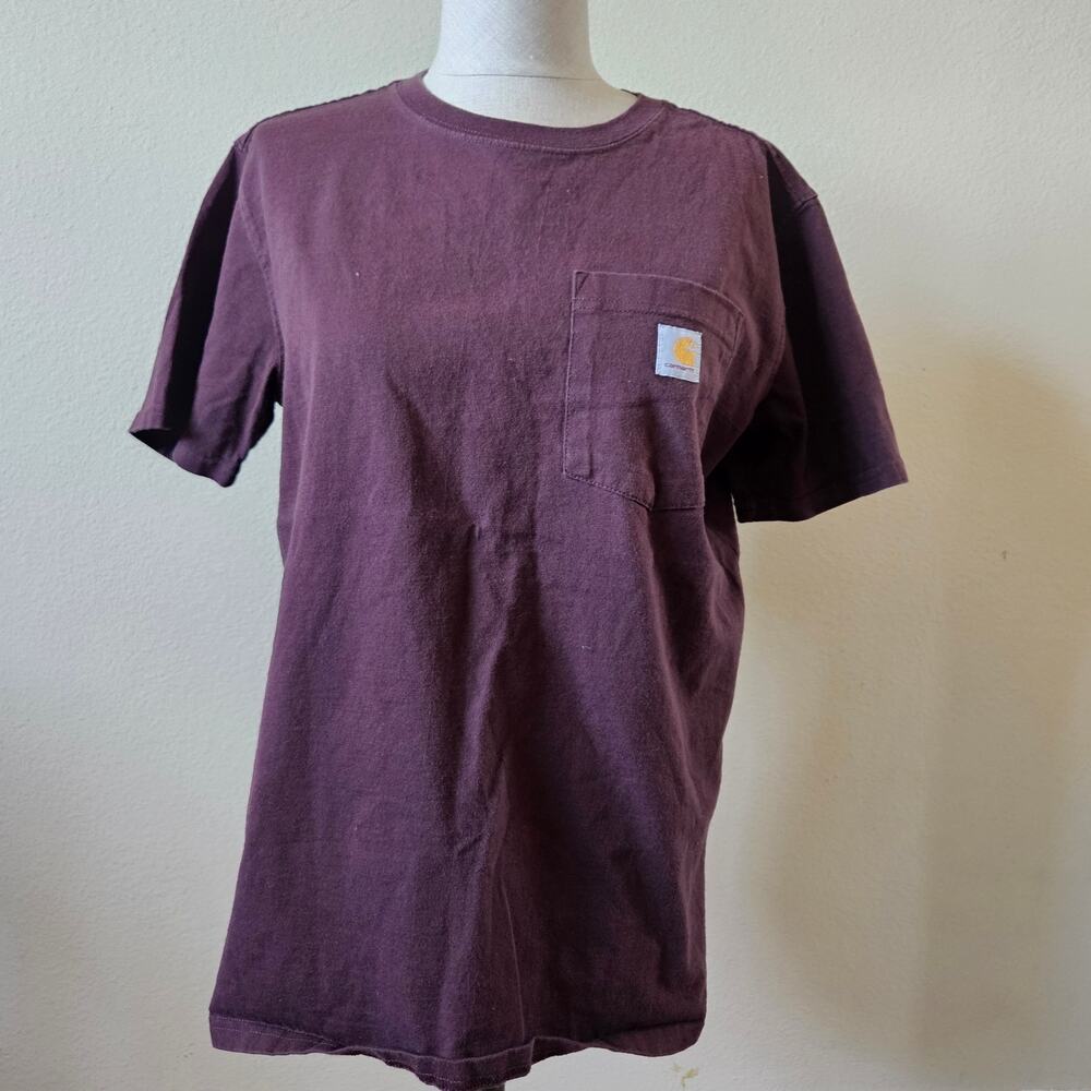 Carhartt Women's Shirt: Maroon Short Sleeve Pocket Loose Fit Tshirt Small
